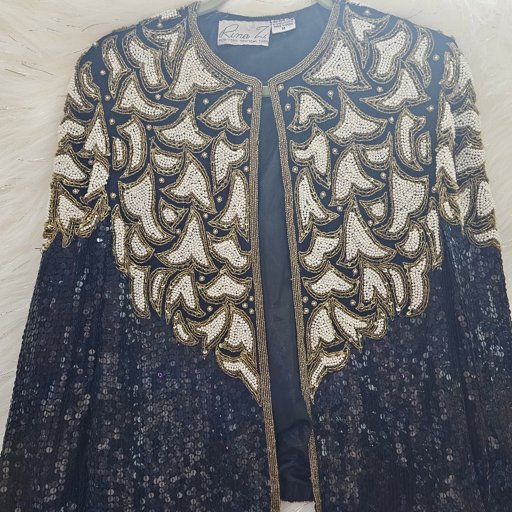 VINTAGE RINA Z EVENING OUT JACKET SEQUIN ALL OVER BLACK GOLD